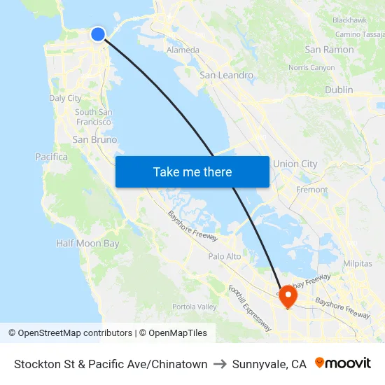 Stockton St & Pacific Ave/Chinatown to Sunnyvale, CA map
