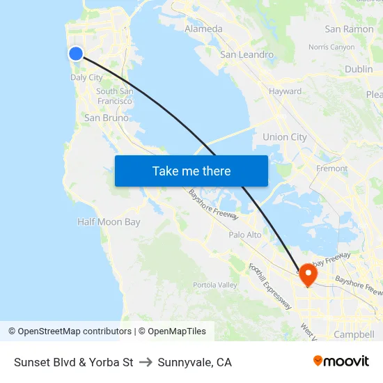 Sunset Blvd & Yorba St to Sunnyvale, CA map