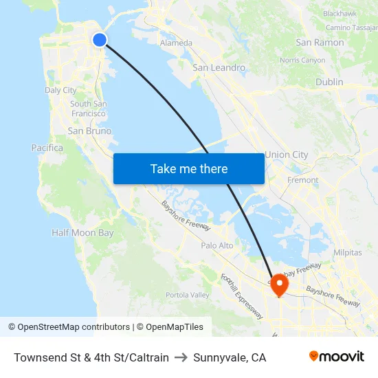Townsend St & 4th St/Caltrain to Sunnyvale, CA map