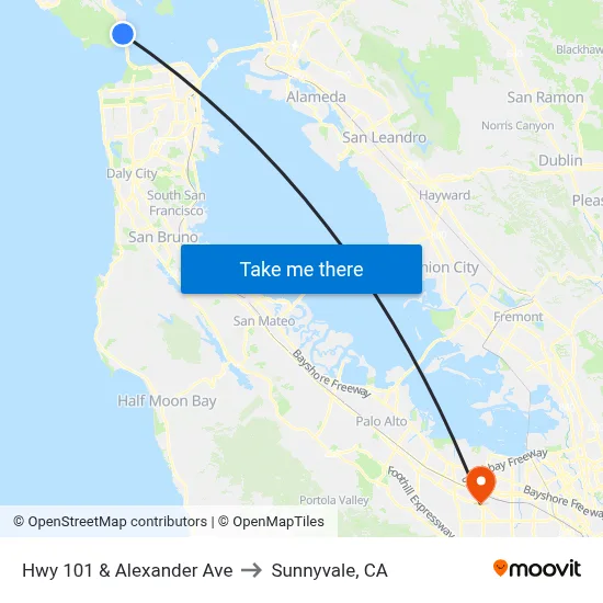 Hwy 101 & Alexander Ave to Sunnyvale, CA map