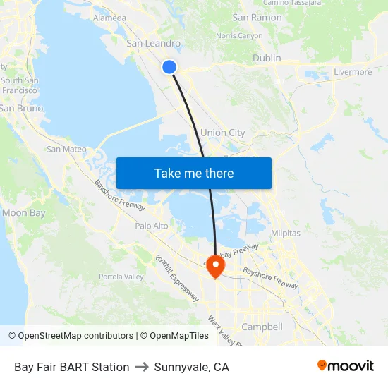 Bay Fair BART Station to Sunnyvale, CA map