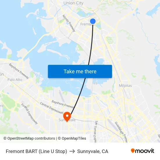Fremont BART (Line U Stop) to Sunnyvale, CA map