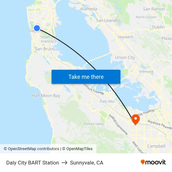 Daly City BART Station to Sunnyvale, CA map