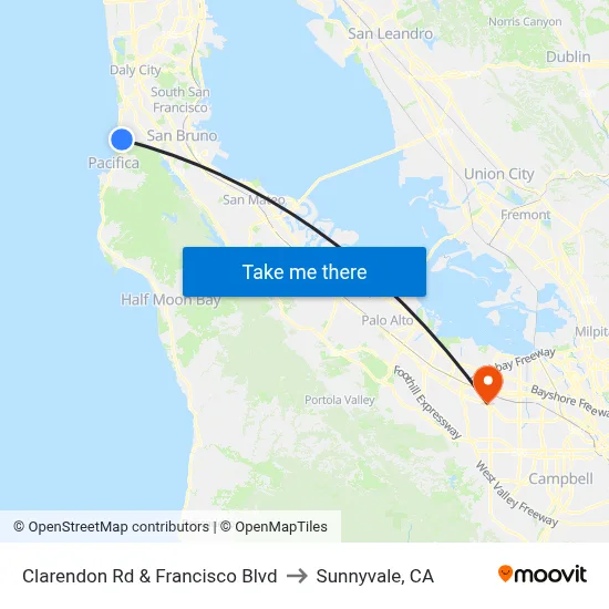 Clarendon Rd & Francisco Blvd to Sunnyvale, CA map
