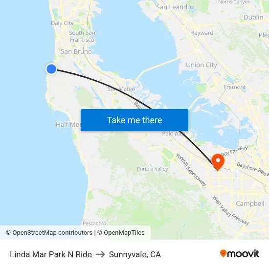 Linda Mar Park N Ride to Sunnyvale, CA map