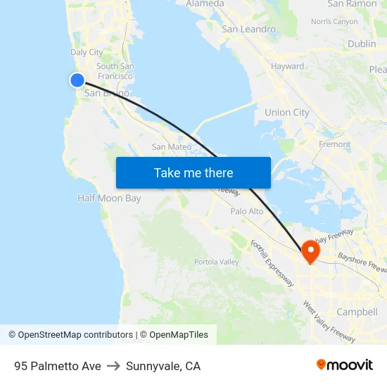 95 Palmetto Ave to Sunnyvale, CA map