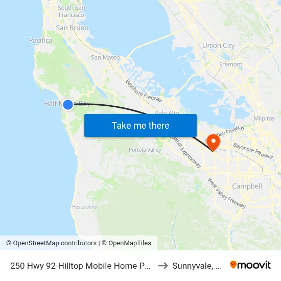 250 Hwy 92-Hilltop Mobile Home Park to Sunnyvale, CA map
