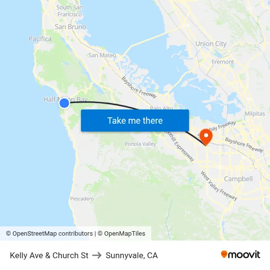 Kelly Ave & Church St to Sunnyvale, CA map