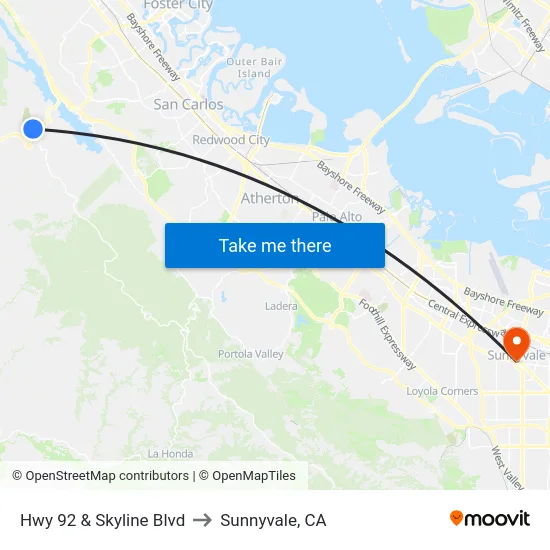 Hwy 92  & Skyline Blvd to Sunnyvale, CA map