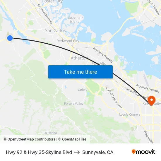Hwy 92 & Hwy 35-Skyline Blvd to Sunnyvale, CA map