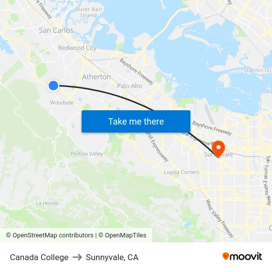 Canada College to Sunnyvale, CA map
