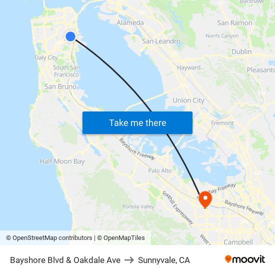 Bayshore Blvd & Oakdale Ave to Sunnyvale, CA map