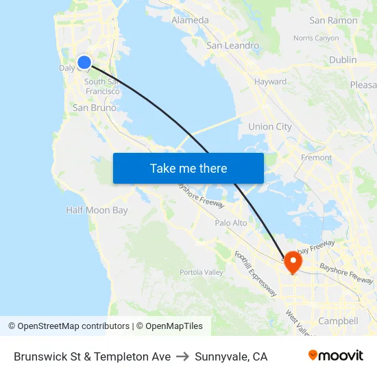 Brunswick St & Templeton Ave to Sunnyvale, CA map
