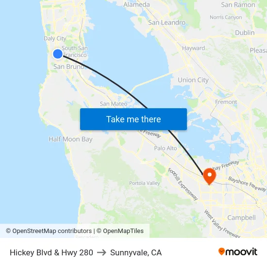 Hickey Blvd & Hwy 280 to Sunnyvale, CA map