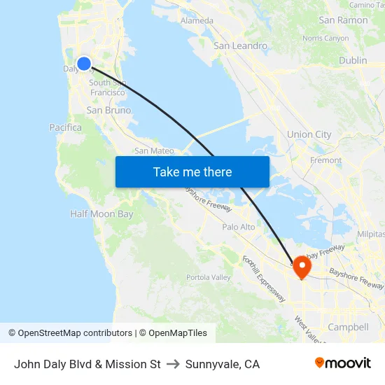 John Daly Blvd & Mission St to Sunnyvale, CA map