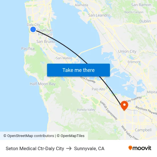 Seton Medical Ctr-Daly City to Sunnyvale, CA map