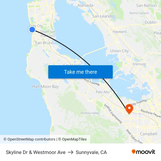 Skyline Dr & Westmoor Ave to Sunnyvale, CA map
