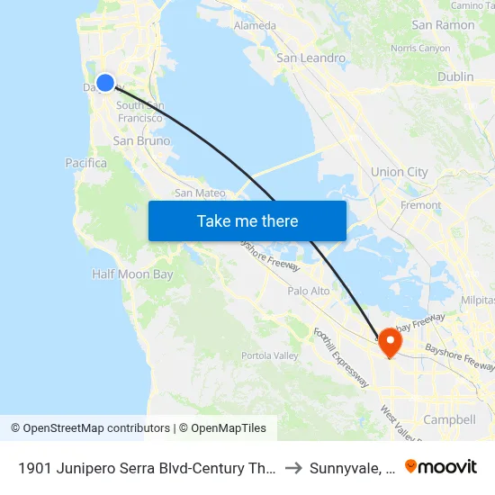 1901 Junipero Serra Blvd-Century Theater to Sunnyvale, CA map