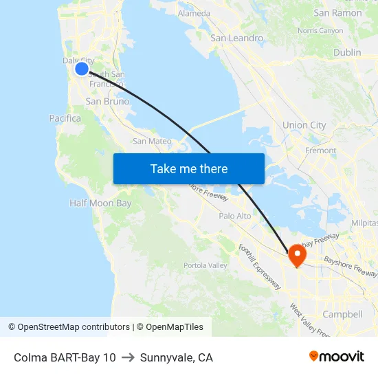 Colma BART-Bay 10 to Sunnyvale, CA map