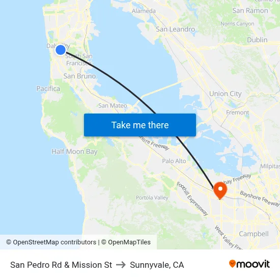 San Pedro Rd & Mission St to Sunnyvale, CA map