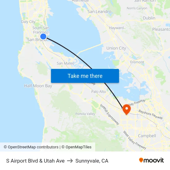 S Airport Blvd & Utah Ave to Sunnyvale, CA map