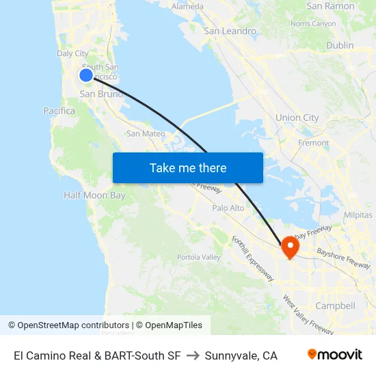 El Camino Real & BART-South SF to Sunnyvale, CA map