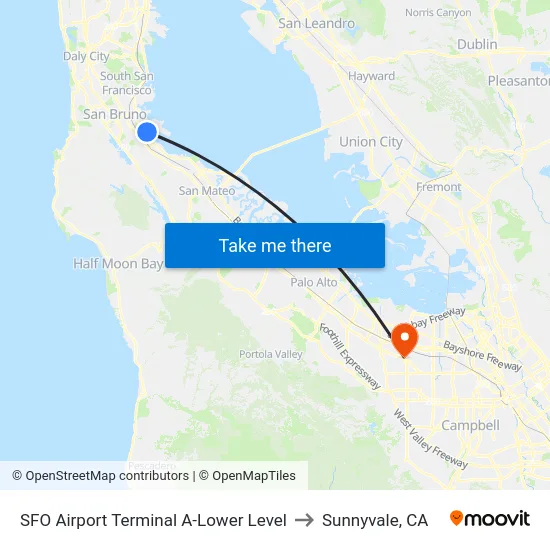 SFO Airport Terminal A-Lower Level to Sunnyvale, CA map