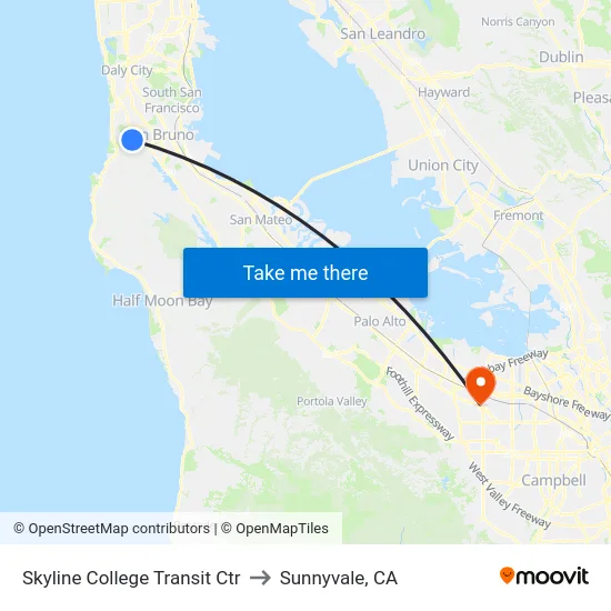 Skyline College Transit Ctr to Sunnyvale, CA map