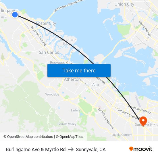 Burlingame Ave & Myrtle Rd to Sunnyvale, CA map