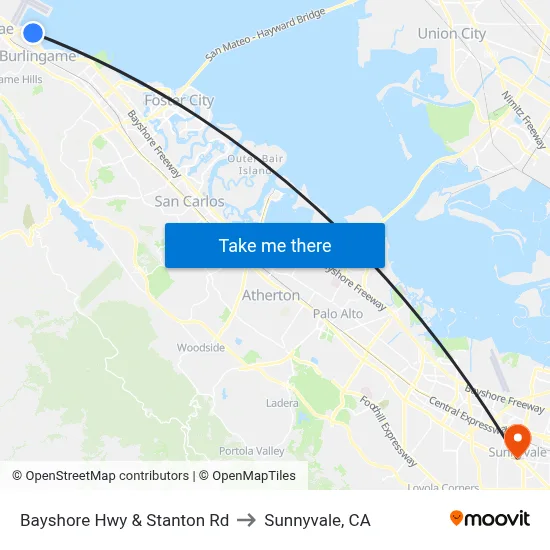 Bayshore Hwy & Stanton Rd to Sunnyvale, CA map