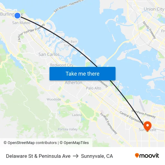 Delaware St & Peninsula Ave to Sunnyvale, CA map