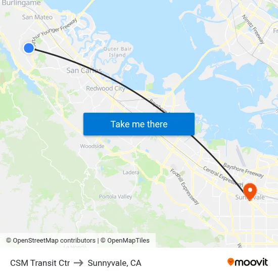 CSM Transit Ctr to Sunnyvale, CA map