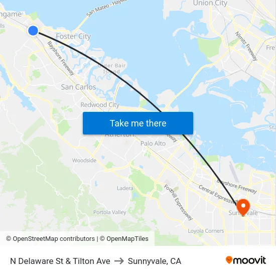 N Delaware St & Tilton Ave to Sunnyvale, CA map
