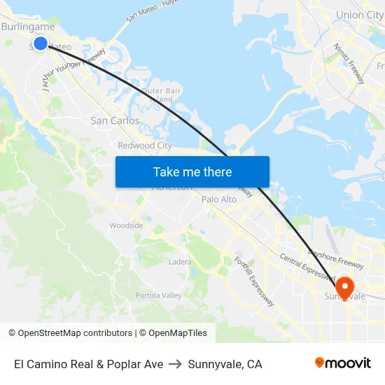 El Camino Real & Poplar Ave to Sunnyvale, CA map