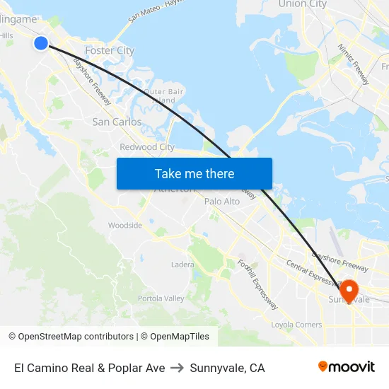 El Camino Real & Poplar Ave to Sunnyvale, CA map