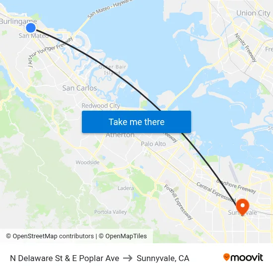 N Delaware St & E Poplar Ave to Sunnyvale, CA map