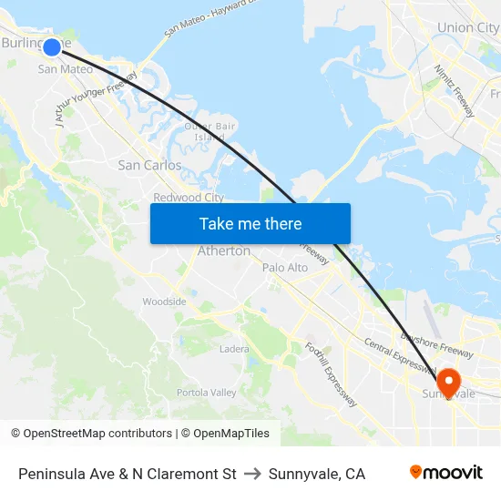 Peninsula Ave & N Claremont St to Sunnyvale, CA map