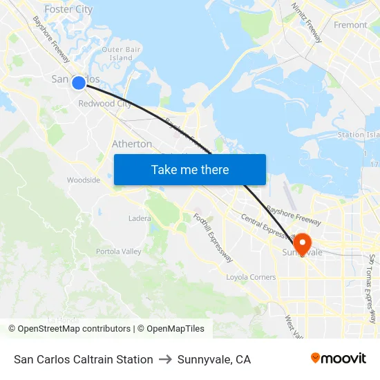 San Carlos Caltrain Station to Sunnyvale, CA map