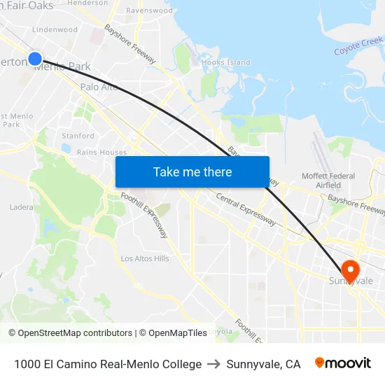 1000 El Camino Real-Menlo College to Sunnyvale, CA map