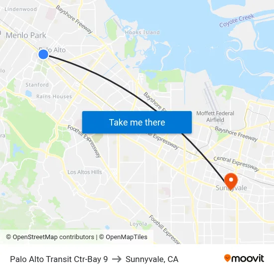 Palo Alto Transit Ctr-Bay 9 to Sunnyvale, CA map