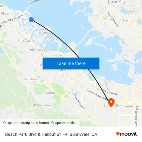 Beach Park Blvd & Halibut St to Sunnyvale, CA map