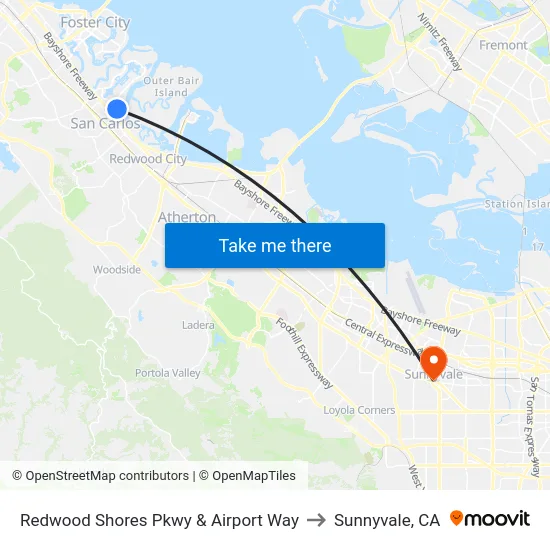 Redwood Shores Pkwy & Airport Way to Sunnyvale, CA map