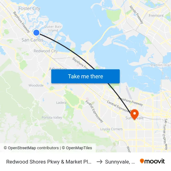 Redwood Shores Pkwy & Market Place to Sunnyvale, CA map