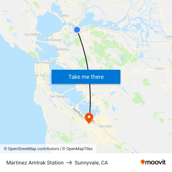 Martinez Amtrak Station to Sunnyvale, CA map
