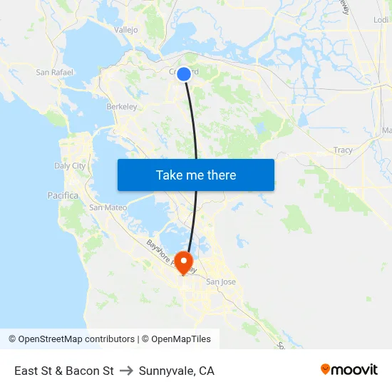East St & Bacon St to Sunnyvale, CA map