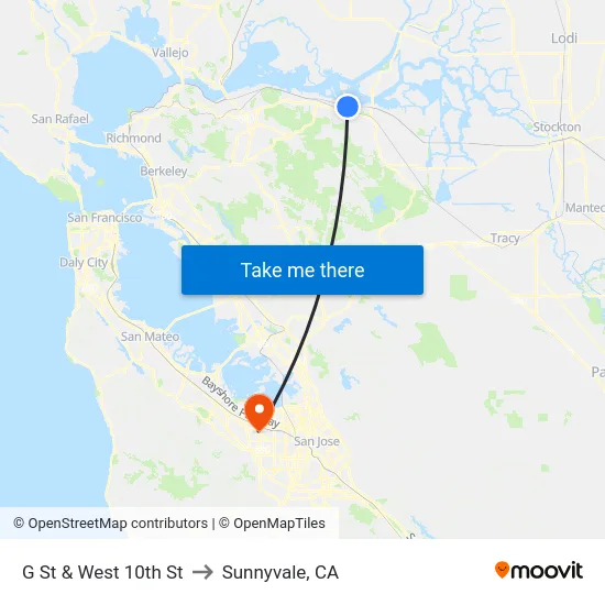 G St & West 10th St to Sunnyvale, CA map