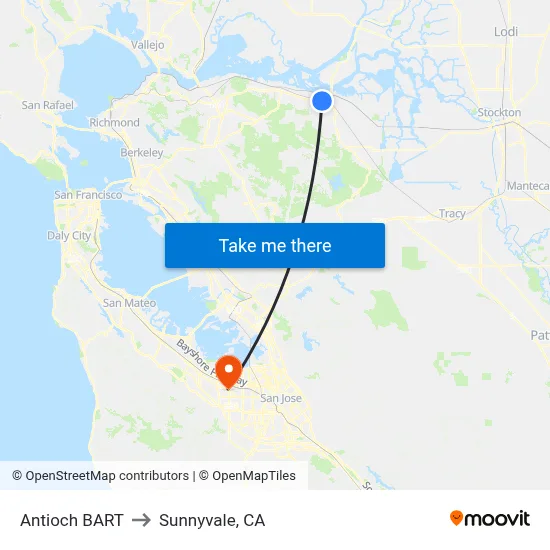 Antioch BART to Sunnyvale, CA map
