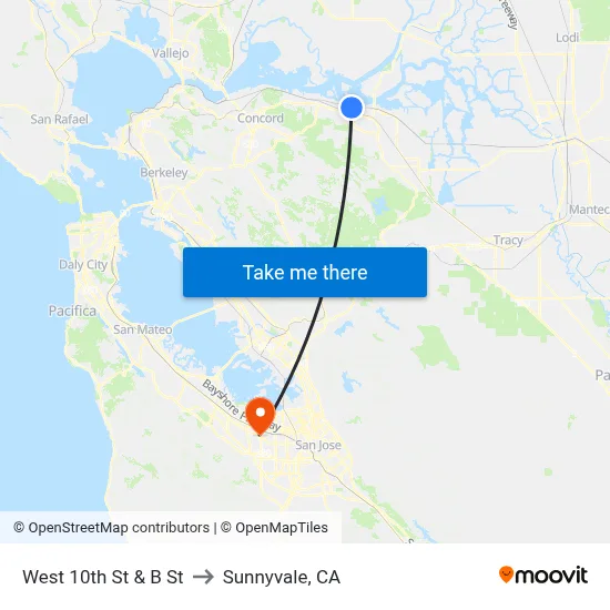 West 10th St & B St to Sunnyvale, CA map