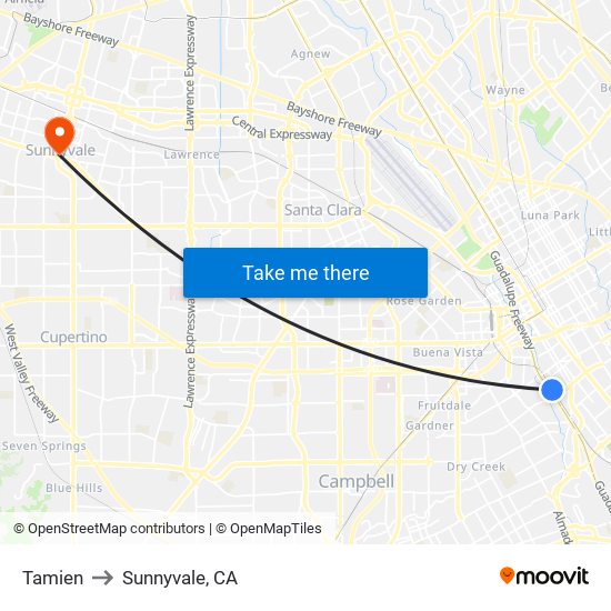 Tamien to Sunnyvale, CA map