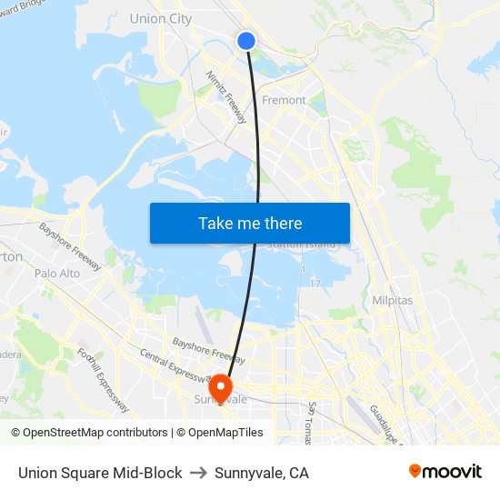 Union Square Mid-Block to Sunnyvale, CA map